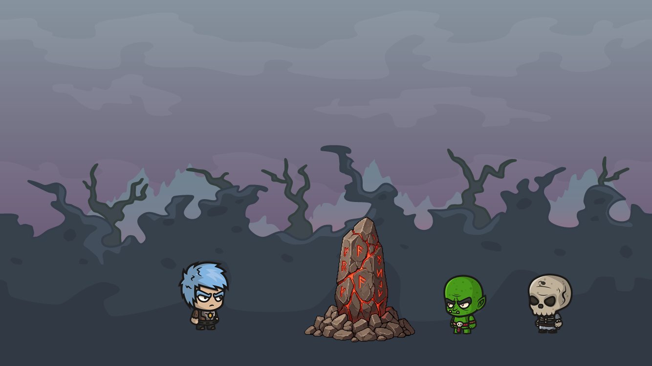 A warrior facing a Lumina Stone and monsters on the frontier